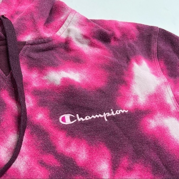 𝅺CHAMPION Pink & White Burgundy Tie Dye Trendy Cozy Pouch Hoodie Sweatshirt - Picture 3 of 7